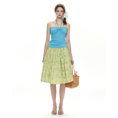 度假感蓝色串珠挂脖吊带抹胸