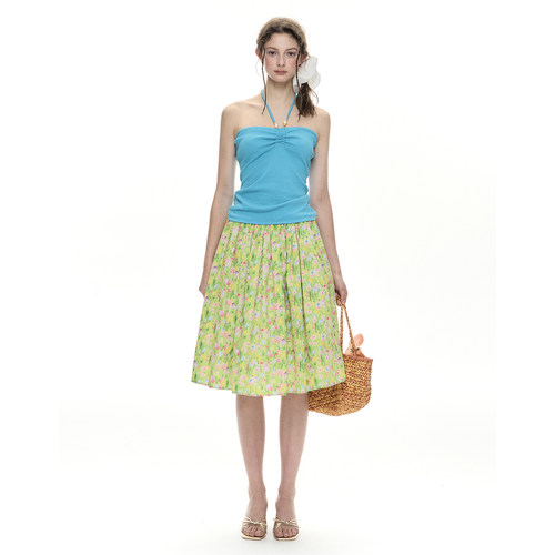 度假感蓝色串珠挂脖吊带抹胸