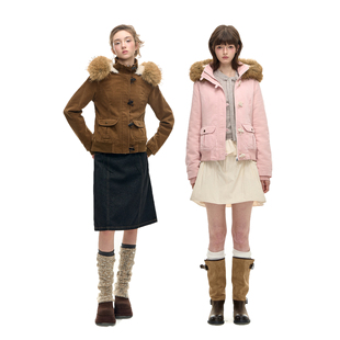 修身 灯芯绒棉服短款 显瘦做旧感连帽毛领夹绒短外套 Nanci Romance