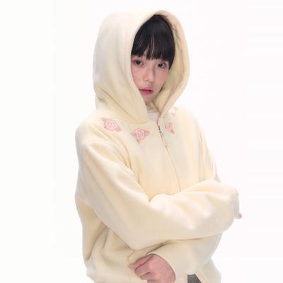 玫瑰刺绣短外套摇粒绒宽松
