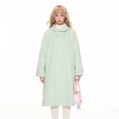 薄荷绿中长款毛呢大衣甜美复古