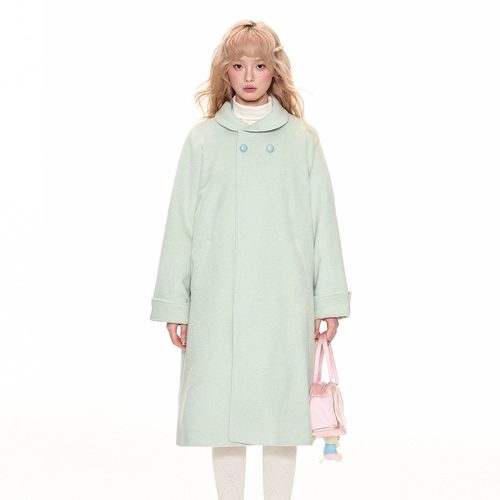 薄荷绿中长款毛呢大衣甜美复古