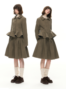 Romance Nanci复古橄榄绿蓬蓬公主下摆A字伞裙毛呢外套两件套装
