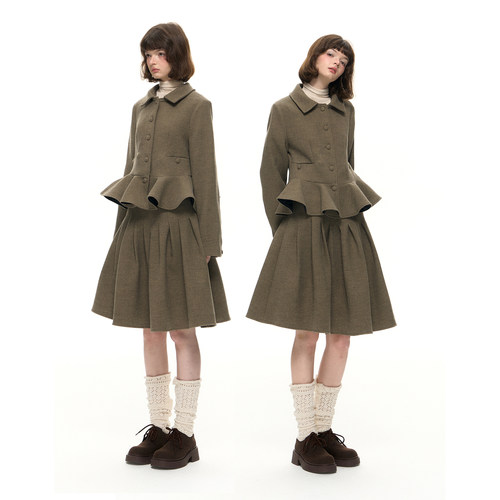 Romance Nanci复古橄榄绿蓬蓬公主下摆A字伞裙毛呢外套两件套装