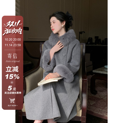 中长款双面呢拼狐狸毛大衣