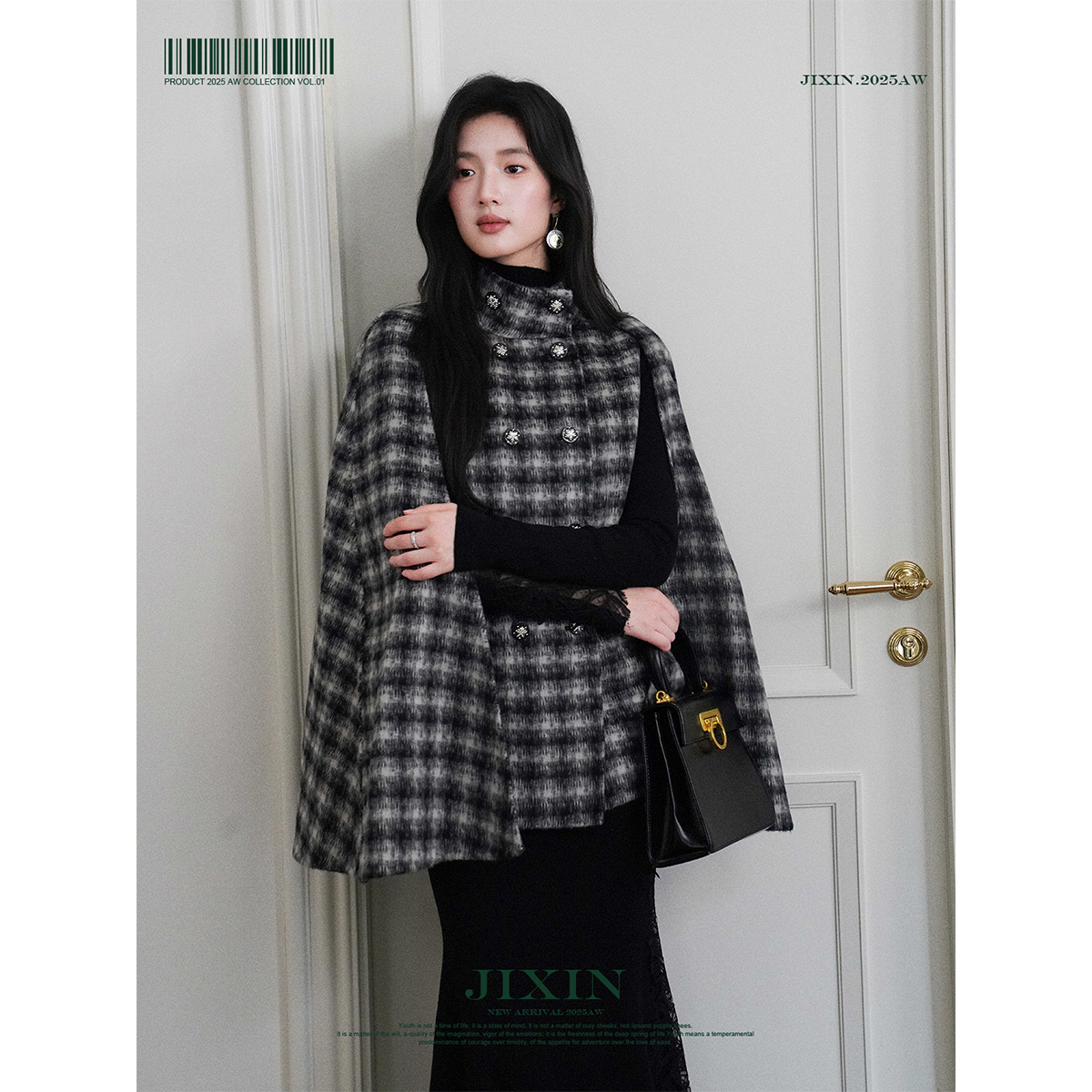 寄信/双面骆驼绒斗篷披风英伦格纹双排扣羊毛/蚕丝双面呢大衣外套