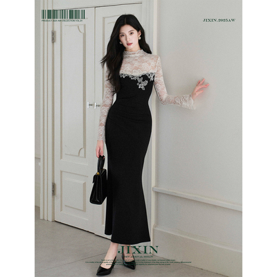 寄信/温柔氛围感蕾丝拼接锦棉微弹撞色连衣裙收腰显瘦鱼尾摆长裙