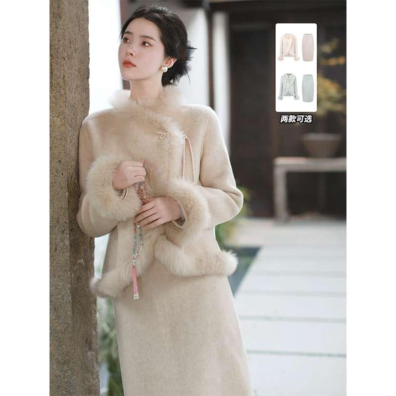 寄信/国风羊毛呢子外套半裙气质小套装