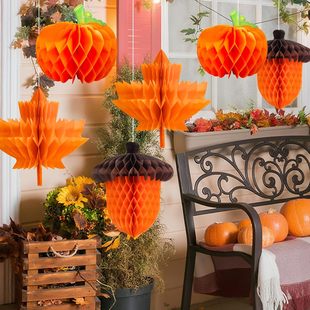 珠宝店秋天主题氛围美陈道具枫叶南瓜橡子立体蜂窝球橱窗屋顶挂件