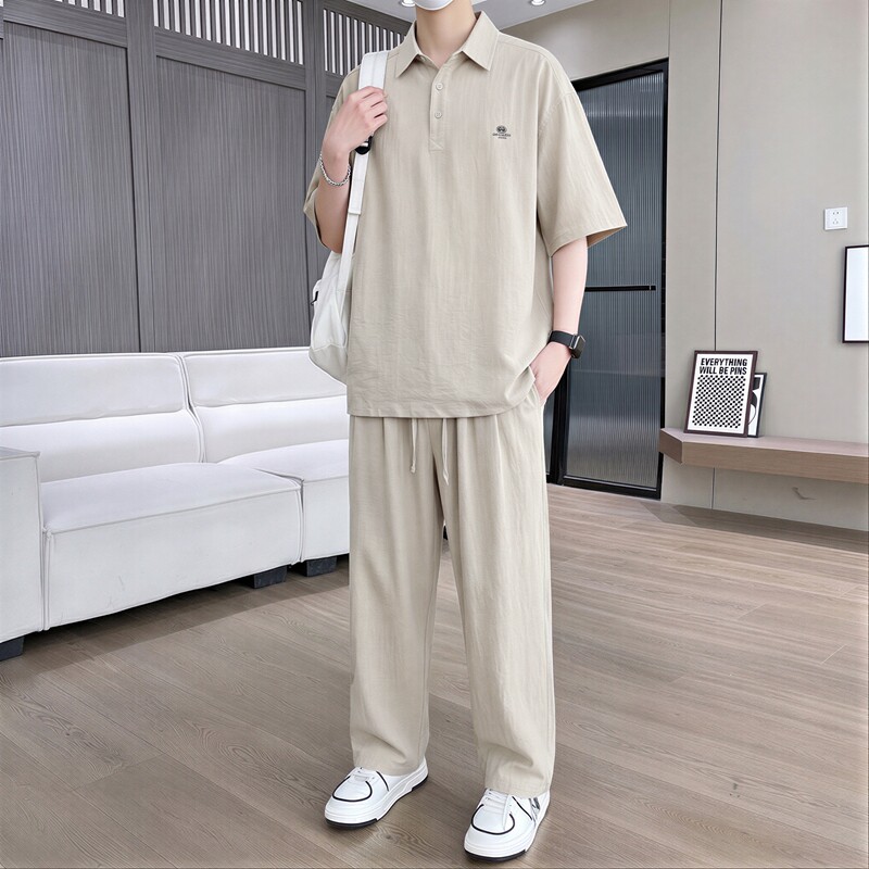 男士夏季薄款衬衫POIO衫冰丝麻短袖T恤长裤套装两件套