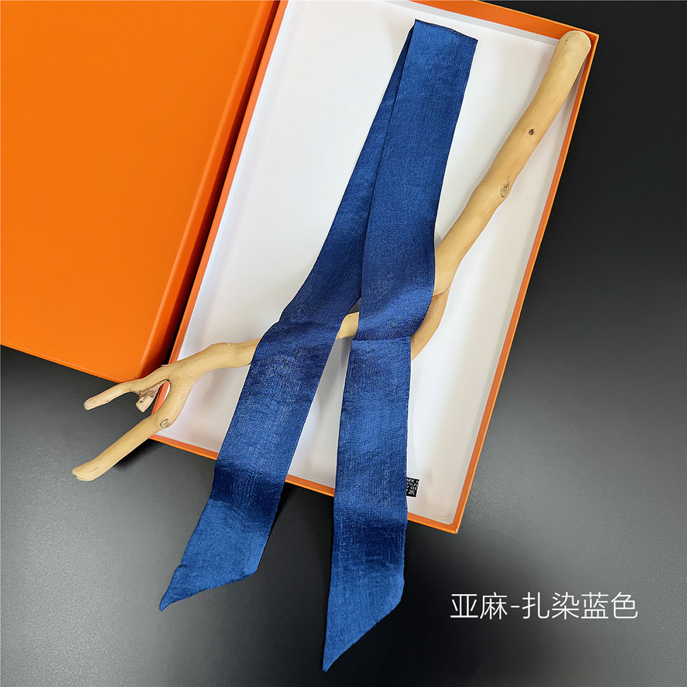 纯色简约仿亚麻感长条小丝巾绑包手柄丝带扎染蓝色领巾手腕巾发带