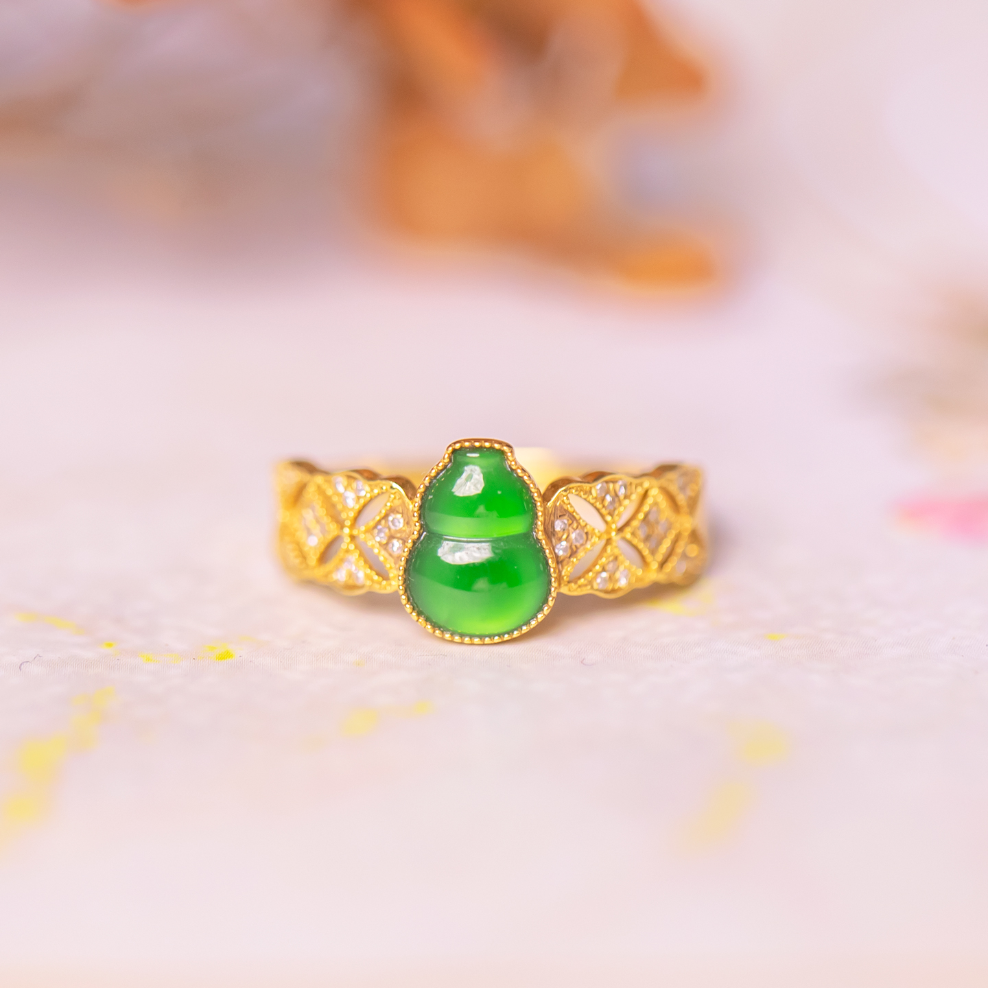 天然缅甸玉翡翠葫芦戒指18K金镶