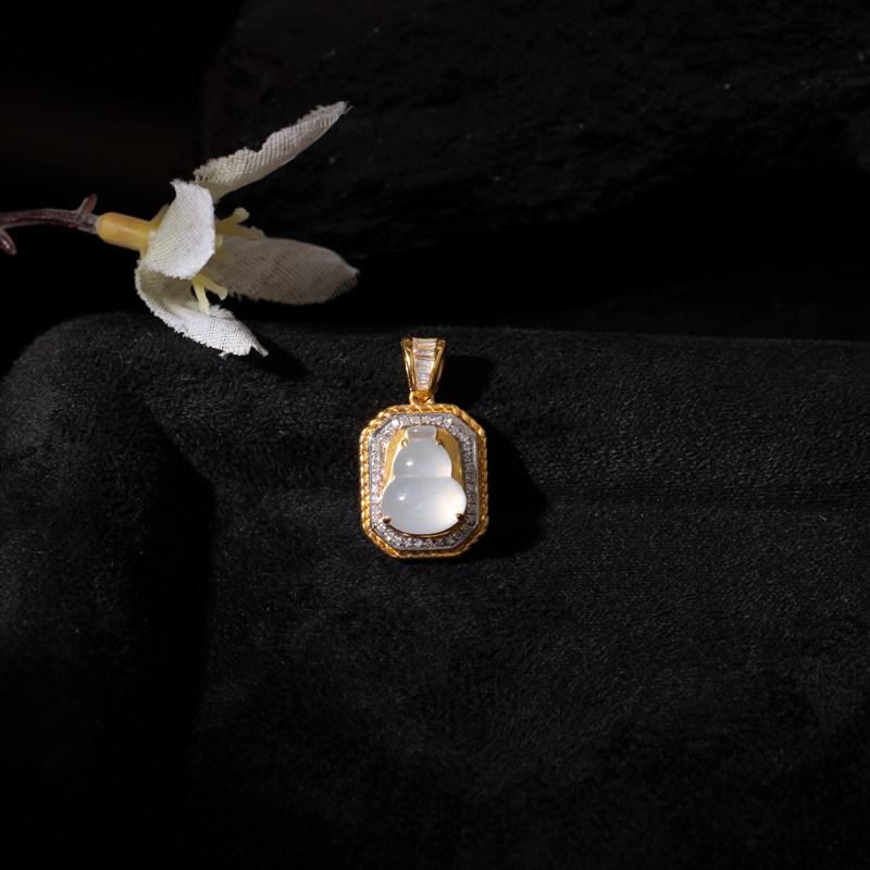 翡翠白冰葫芦吊坠18K金镶嵌挂件天然缅甸玉冰种百搭鉴定证书女款