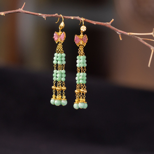 翡翠蝴蝶果阳绿小米珠流苏耳钩耳饰耳坠S925镶嵌精致百搭鉴定证书