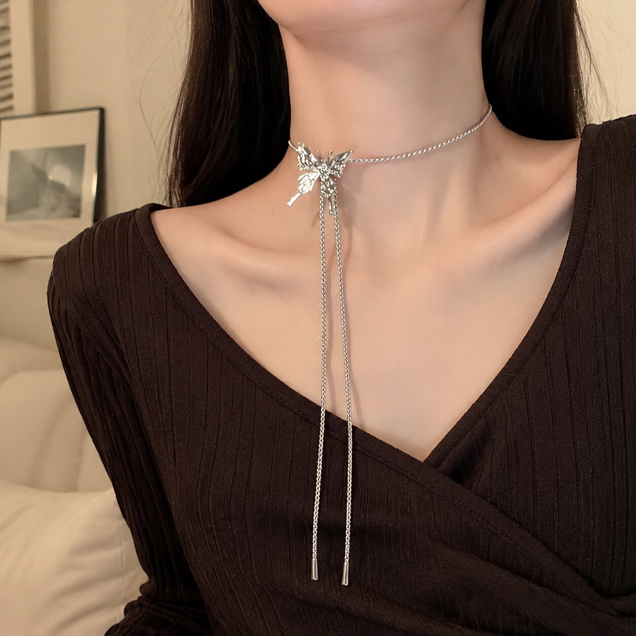 洗澡可戴钛钢不掉色蝴蝶项链女