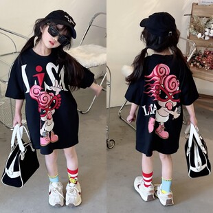 女童短袖中长款T恤纯棉时尚洋气连衣T裙2025新款宽松时尚可爱夏装