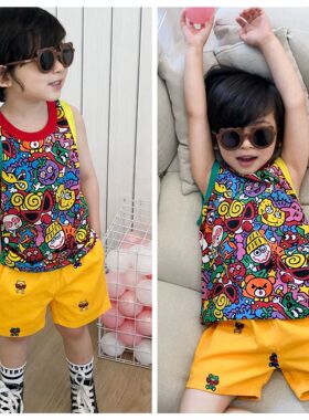 日系童装无袖背心2025春夏新款潮牌男女儿童彩色水果T宝宝卡通T恤