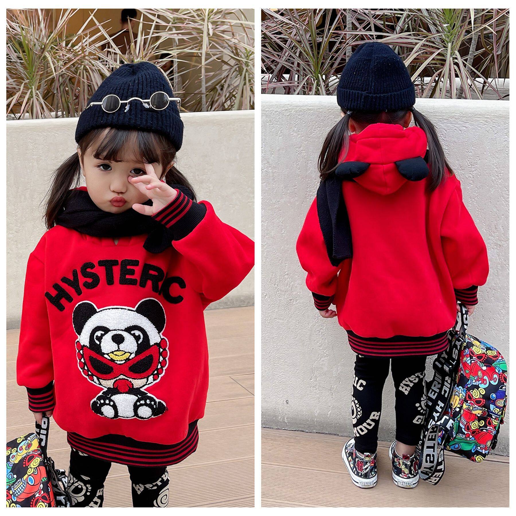 2025秋冬新款男女童连帽抓绒卫衣套头衫儿童卡通熊猫加绒加厚绒衫