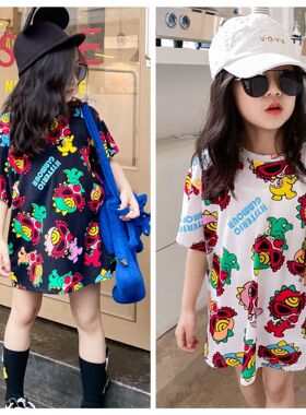 ins超火女童短袖T恤裙2025夏季新款潮儿童纯棉宽松中长卡通连衣裙