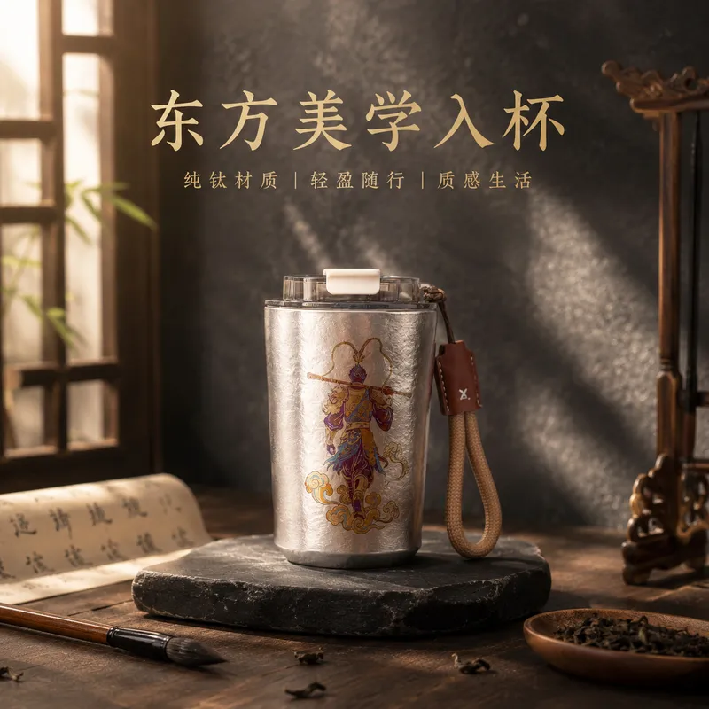 纯钛杯冷饮杯大圣凌云咖啡杯无缝内胆双层保温杯便携水杯子水波纹