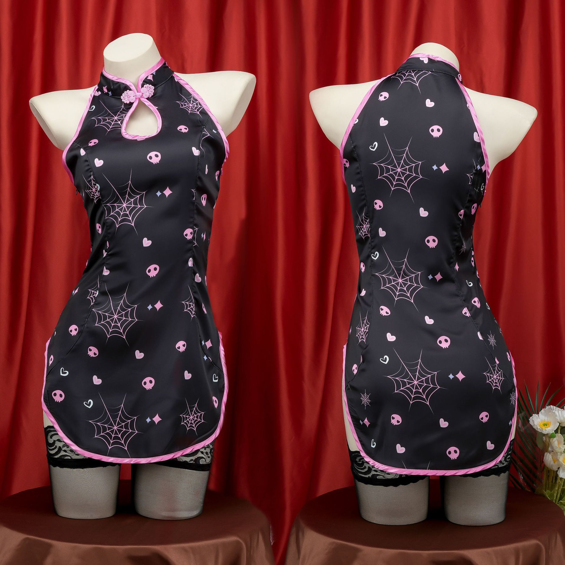 性感高叉印花连衣裙女主播跳舞