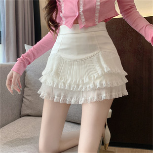 夏季 少女纯欲白色蕾丝荷叶边蛋糕裙高腰小个子半身裙女短裙百褶裙