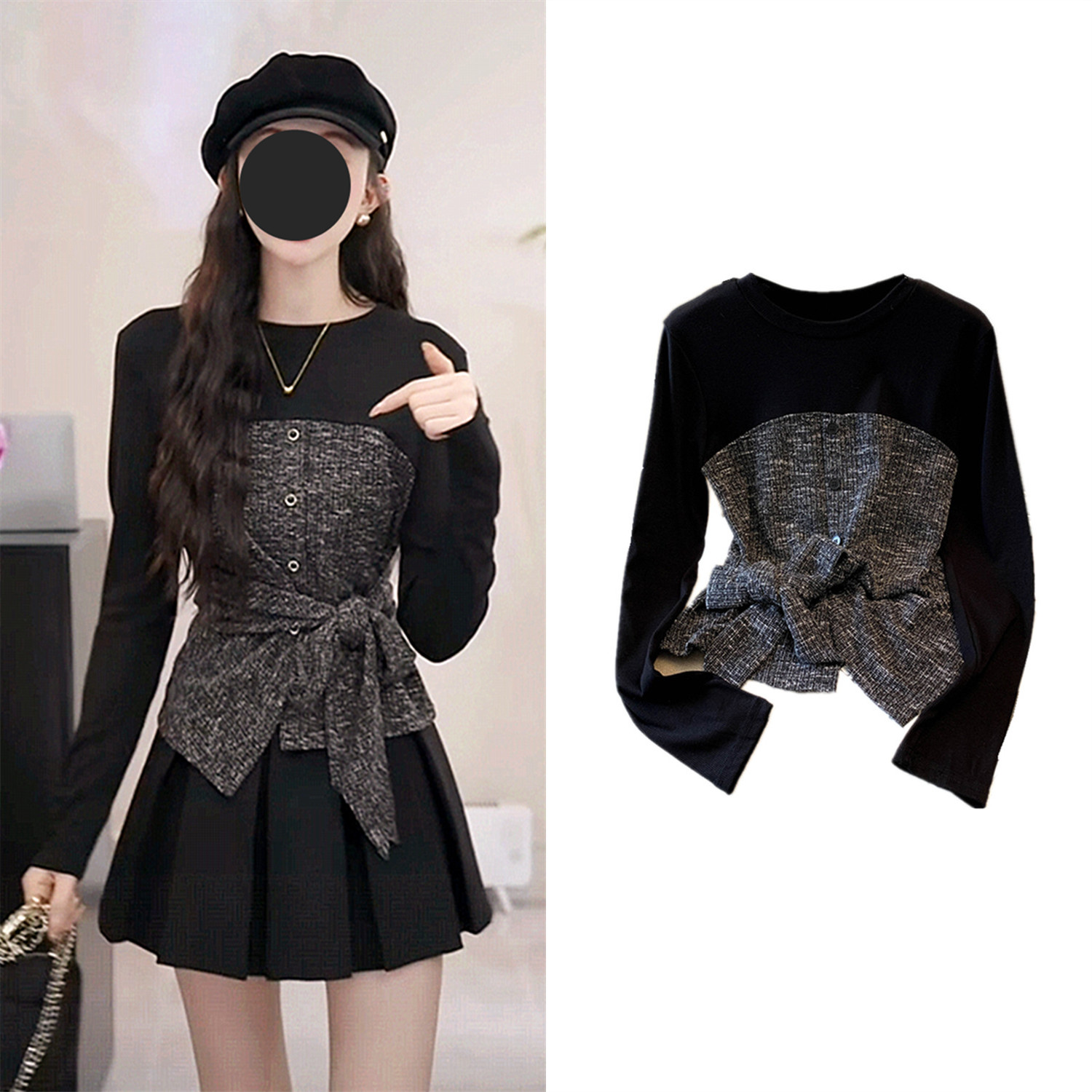 2025年秋装新款网红假两件小香风长袖上衣女绑带收腰设计感打底衫