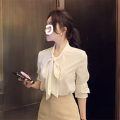 通勤OL衬衣 女2026春秋季 上班族高级感白色蝴蝶结系带缎面长袖 衬衫