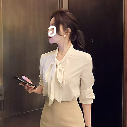 上班族高级感白色蝴蝶结系带缎面长袖衬衫女2026春秋季通勤OL衬衣