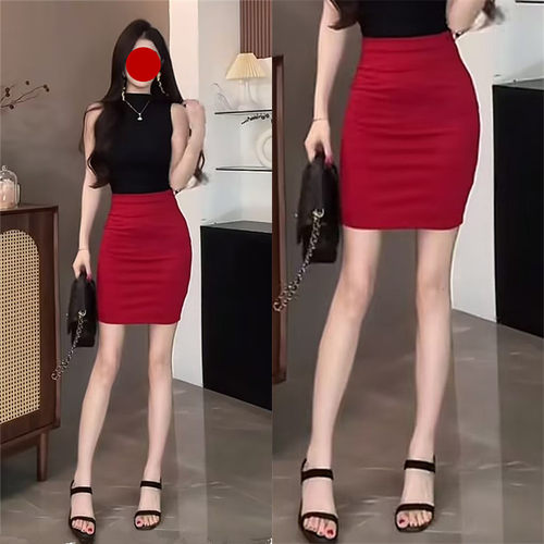 小性感显身材红色弹力包裙半身裙女2025春夏季开叉拉链裹臀一步裙