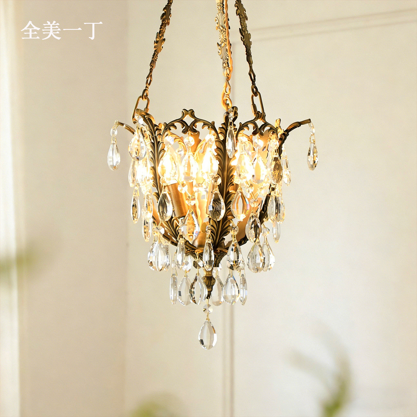 全美一丁法式复古餐厅灯美式卧室玄关阳台欧式中古风黄铜水晶吊灯
