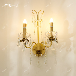 全美一丁 美式卧室床头壁灯 复古法式黄铜水晶珍珠蜡烛壁灯背景墙