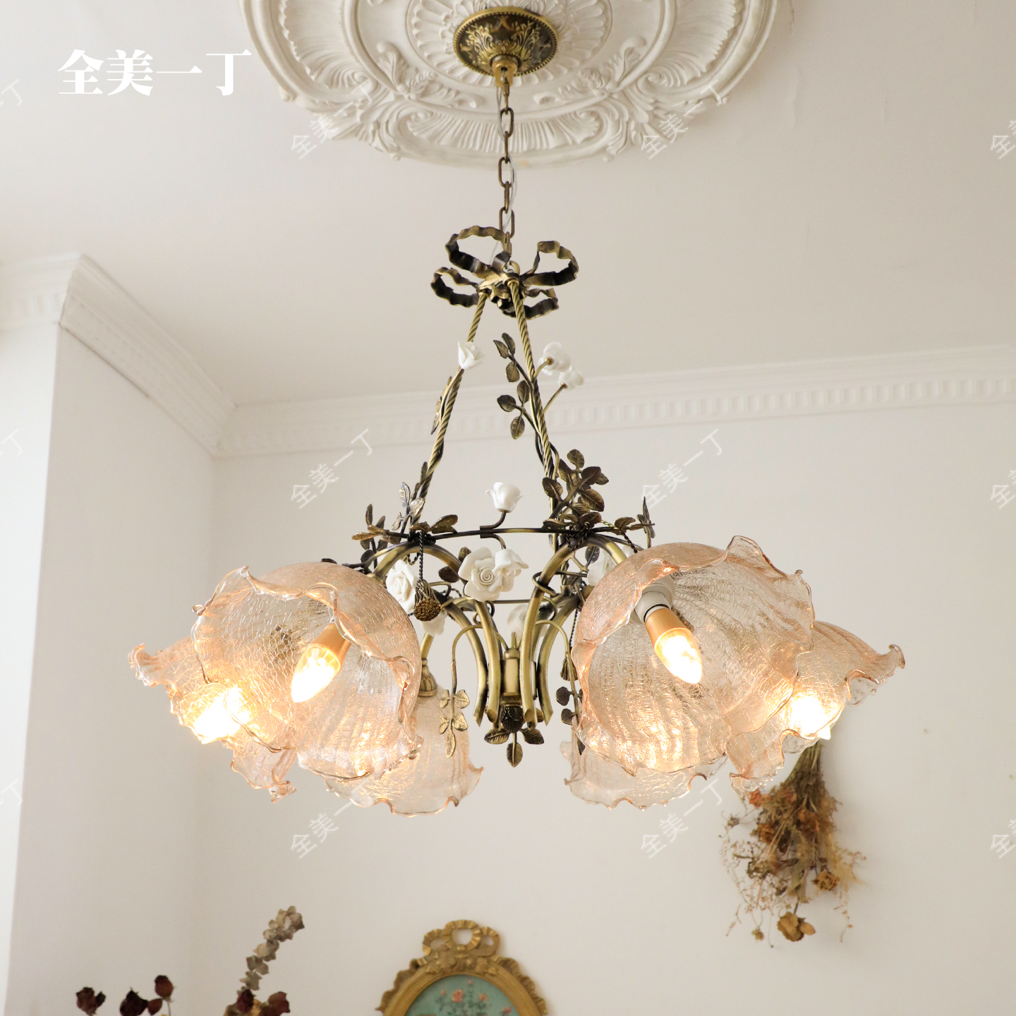 全美一丁法式Vintage全铜吊灯浪漫田园餐厅客厅复古花朵卧室吊灯