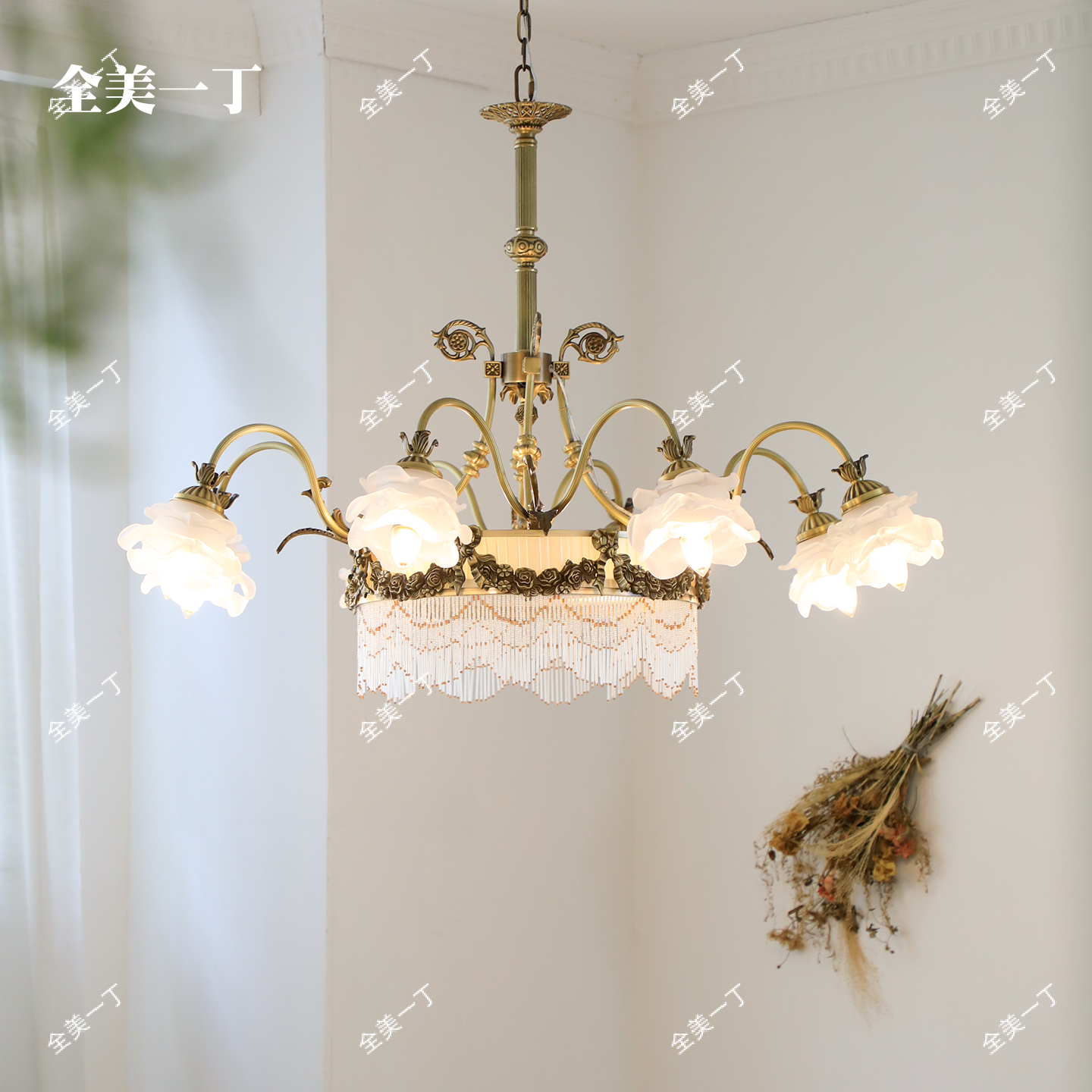 全美一丁法式复古黄铜珠帘玻璃花苞客厅吊灯浪漫中古卧室吸顶灯
