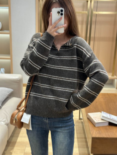 彩咖慵懒休闲条纹翻领毛衣女秋冬新款 撞色上衣8205 宽松显瘦针织衫