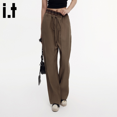 i.tGROUNDZERO美式复古拼接设计感舒适宽松高腰潮牌直筒长裤女