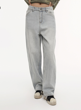 i.tGROUNDZERO 浅蓝宽松牛仔裤女秋季小个子美式阔腿直筒显瘦长裤