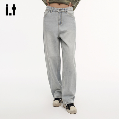 i.tGROUNDZERO 浅蓝宽松牛仔裤女秋季小个子美式阔腿直筒显瘦长裤