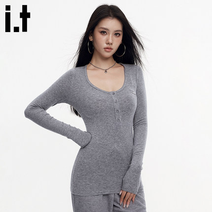 it GROUNDZERO韩系显瘦高弹力舒适莫代尔休闲深V领薄款长袖T恤