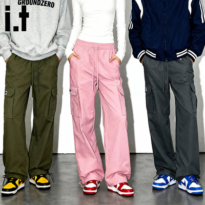 i.t GROUNDZERO美式复古秋冬加绒男女同款口袋松紧抽绳直筒工装裤