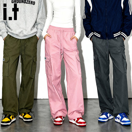i.t GROUNDZERO美式复古秋冬加绒男女同款口袋松紧抽绳直筒工装裤