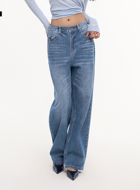 i.tGROUNDZERO修身简约通勤休闲直筒高腰浅蓝色水洗长裤牛仔裤女