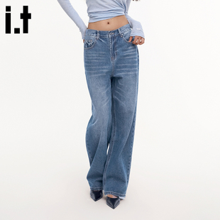 i.tGROUNDZERO修身简约通勤休闲直筒高腰浅蓝色水洗长裤牛仔裤女