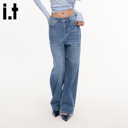 i.tGROUNDZERO修身简约通勤休闲直筒高腰浅蓝色水洗长裤牛仔裤女