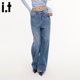 牛仔裤 i.tGROUNDZERO修身 简约通勤休闲直筒高腰浅蓝色水洗长裤 女