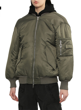 i.t GROUNDZERO情侣款潮酷飞行员夹克军绿色拉链棉连帽假两件外套