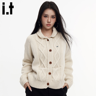 GROUNDZERO初秋小众修身显瘦气质翻领长袖毛衣针织衫女