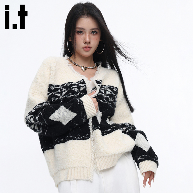 i.t GROUNDZERO 慵懒风2025年流苏边拉链提花菱形格开衫毛衣