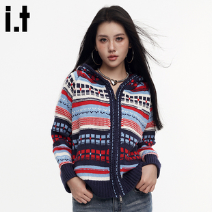 i.t GROUNDZERO 慵懒风2025年粗针长袖亲肤连帽针织开衫毛衣女