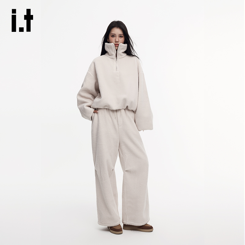 i.tGROUNDZERO羊羔绒拉链宽松卫衣松紧腰显瘦阔腿休闲裤两件套女